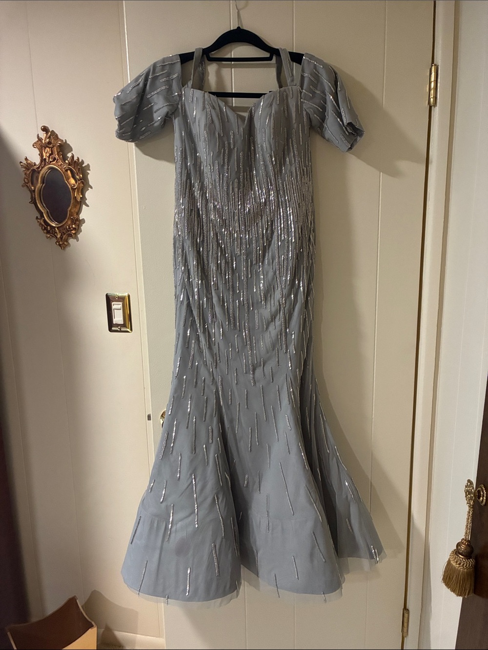 Silver Beaded Off-Shoulder Maxi Dress